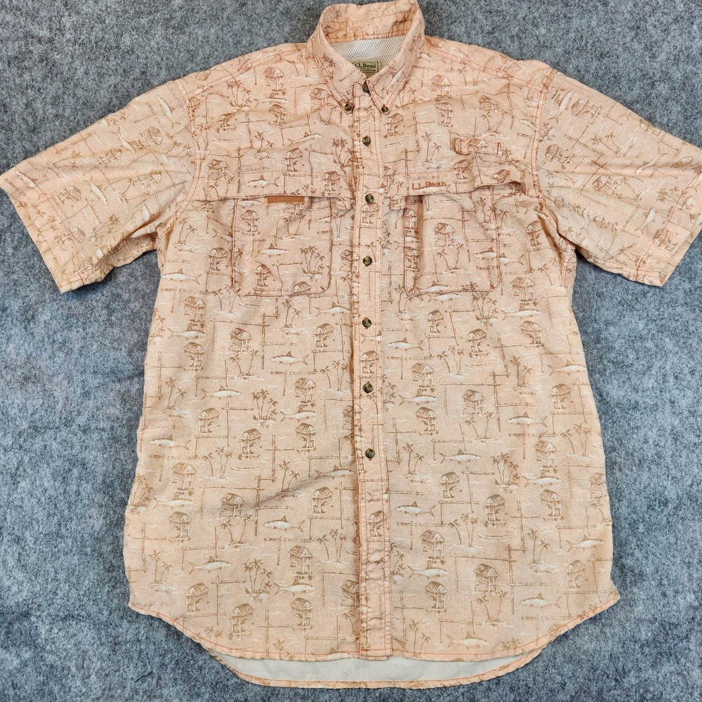 LL Bean Fishing Shirt Men L Tall Orange Vented Tropical Shark Print Hiking OXY22 - Picture 2 of 10